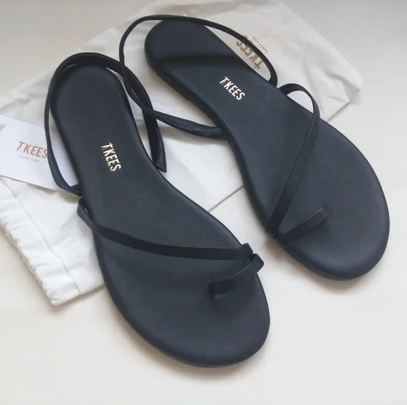 Tkees LC Sandals Leather Black Slingback Strappy Flats 9 - Picture 11 of 15